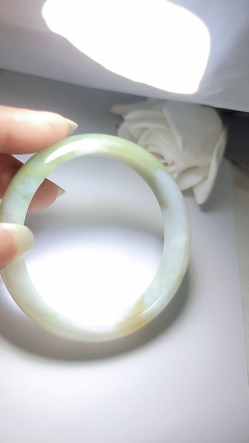 緬甸A貨翡翠招財細糯冰糖雪梨半山水帶黃翡三彩手鐲19號