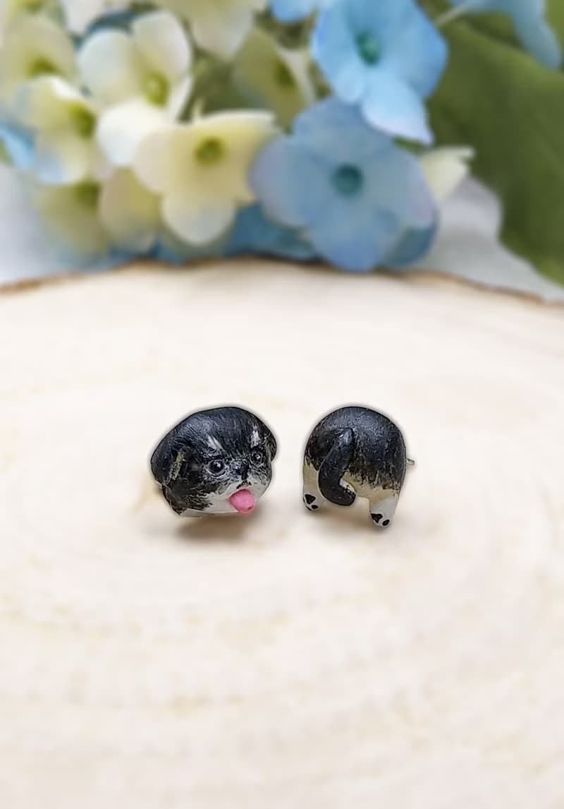 全手制 黑色 北京犬耳環 耳釘/耳夾