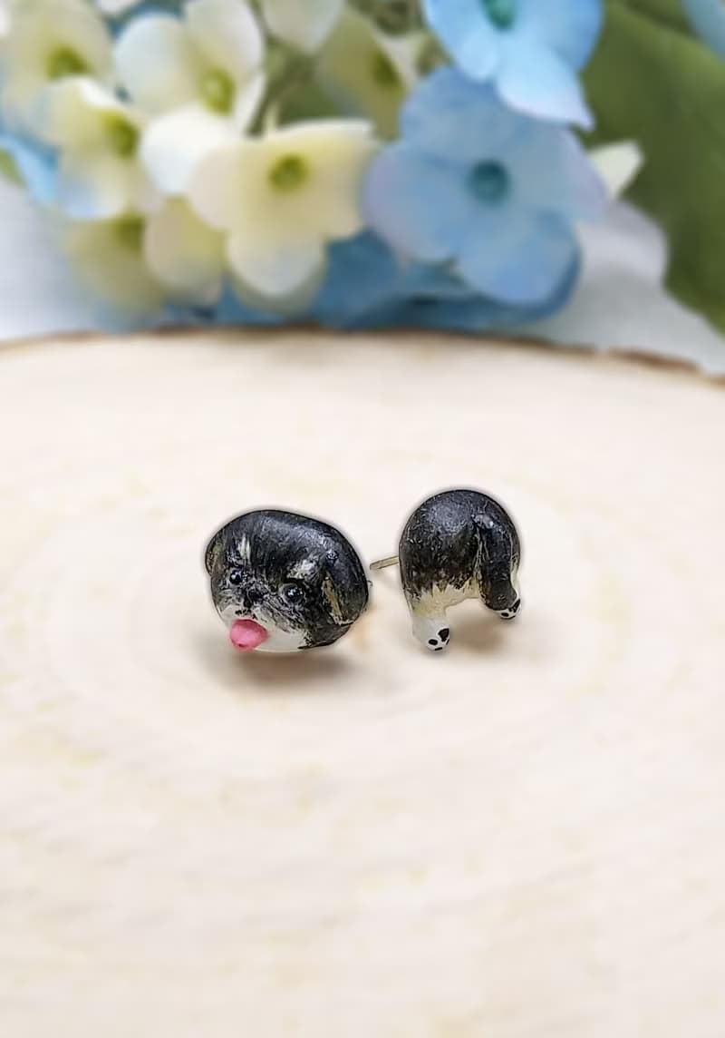 全手制 黑色 北京犬耳環 耳釘/耳夾