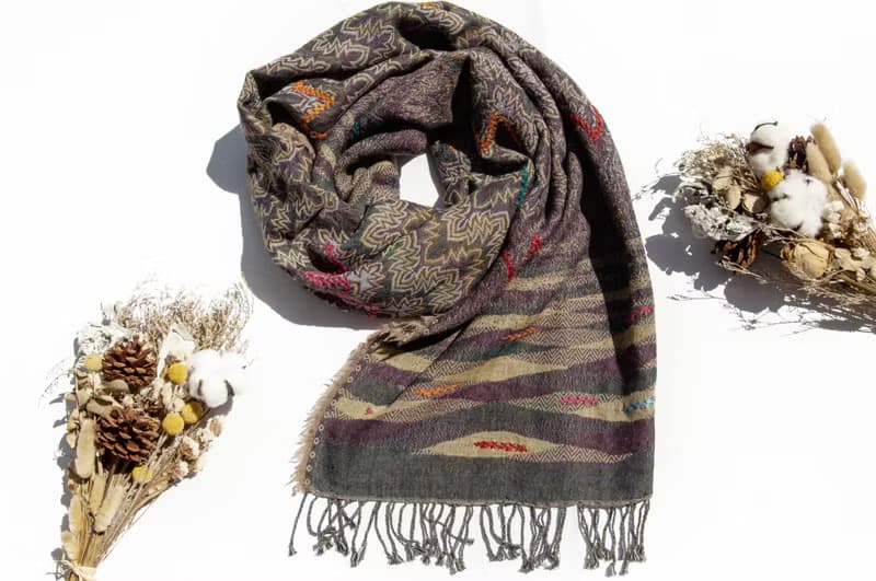 喀什米爾Cashmere/水煮羊毛披肩/針織圍巾/刺繡圍巾/羊絨披巾-花