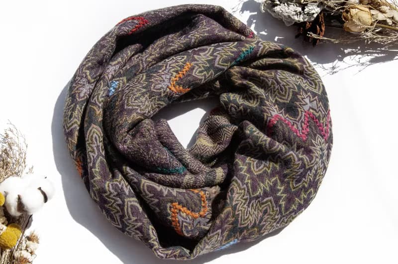 喀什米爾Cashmere/水煮羊毛披肩/針織圍巾/刺繡圍巾/羊絨披巾-花