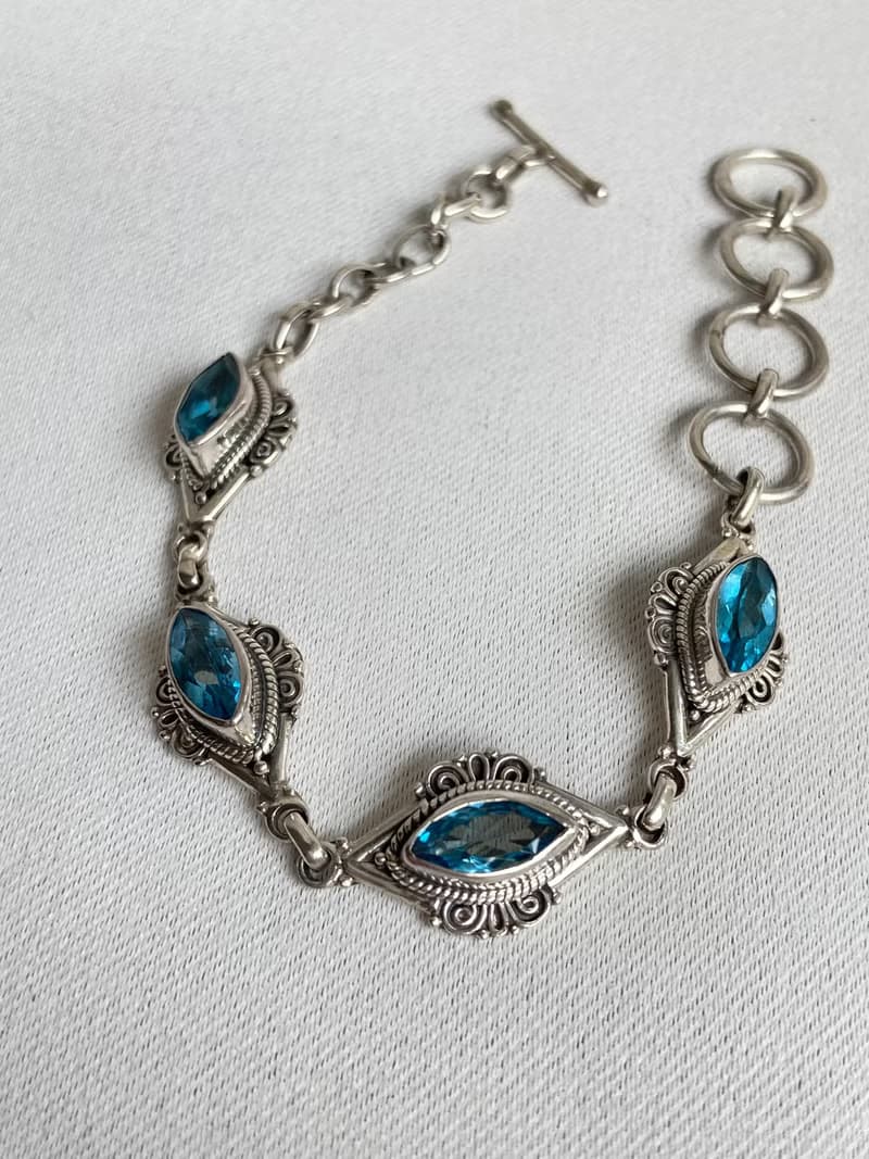 寶石級別 天然 瑞士藍 托帕石 手鍊 尼泊爾 手工製 925純銀