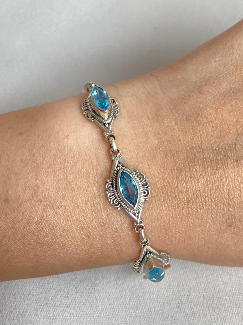 寶石級別 天然 瑞士藍 托帕石 手鍊 尼泊爾 手工製 925純銀