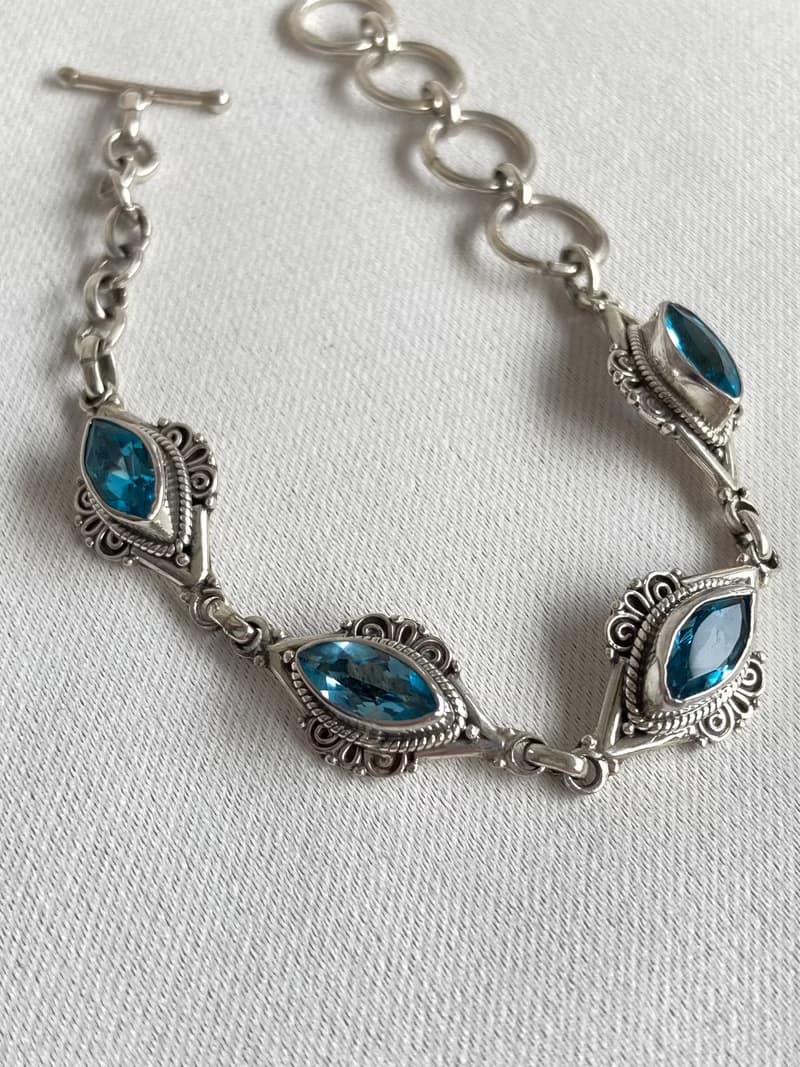 寶石級別 天然 瑞士藍 托帕石 手鍊 尼泊爾 手工製 925純銀