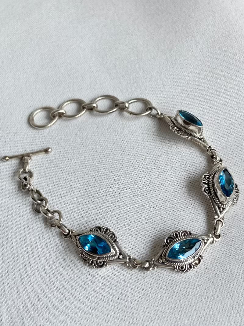 寶石級別 天然 瑞士藍 托帕石 手鍊 尼泊爾 手工製 925純銀