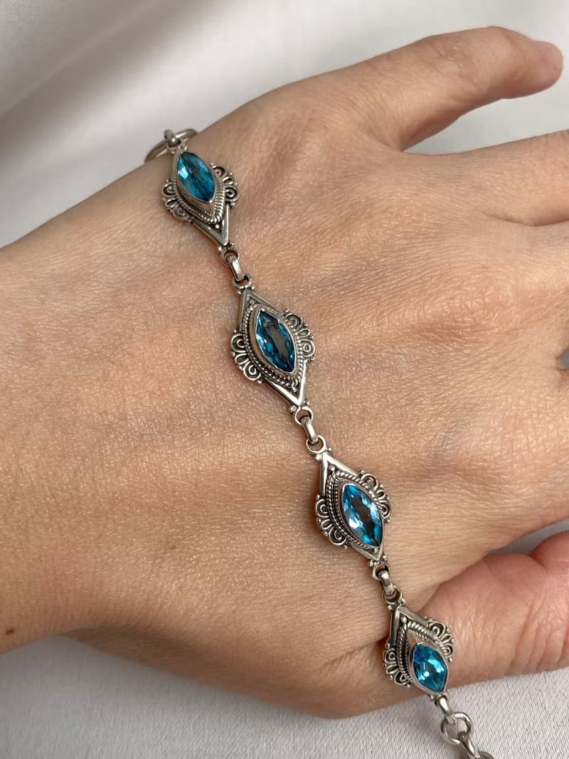 寶石級別 天然 瑞士藍 托帕石 手鍊 尼泊爾 手工製 925純銀