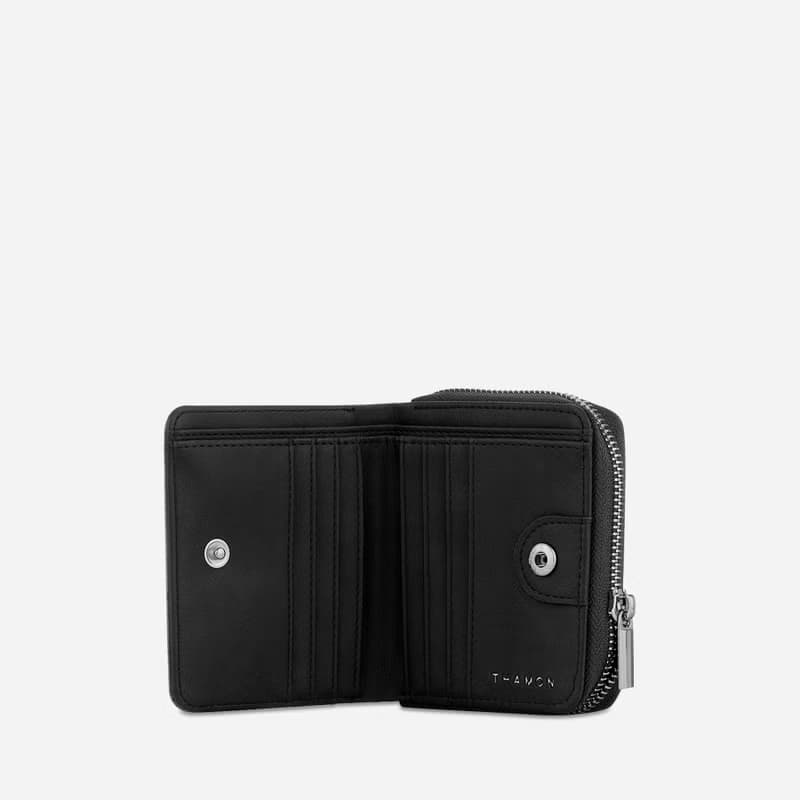Compact Vegan Zip Wallet - Black