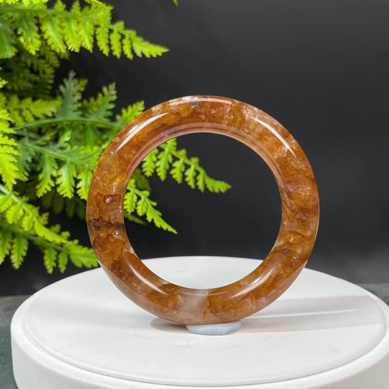 黃膠花水晶手鐲56MM 冰透星光彩虹閃片黃焦花水晶手環 幸運相伴