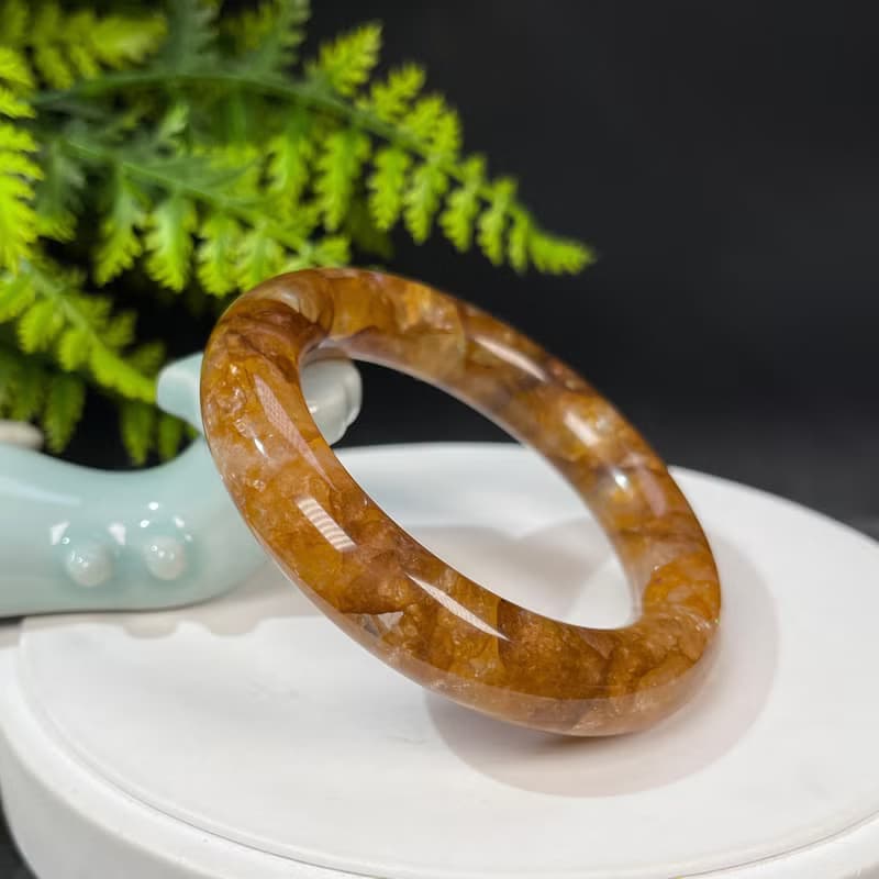 黃膠花水晶手鐲56MM 冰透星光彩虹閃片黃焦花水晶手環 幸運相伴