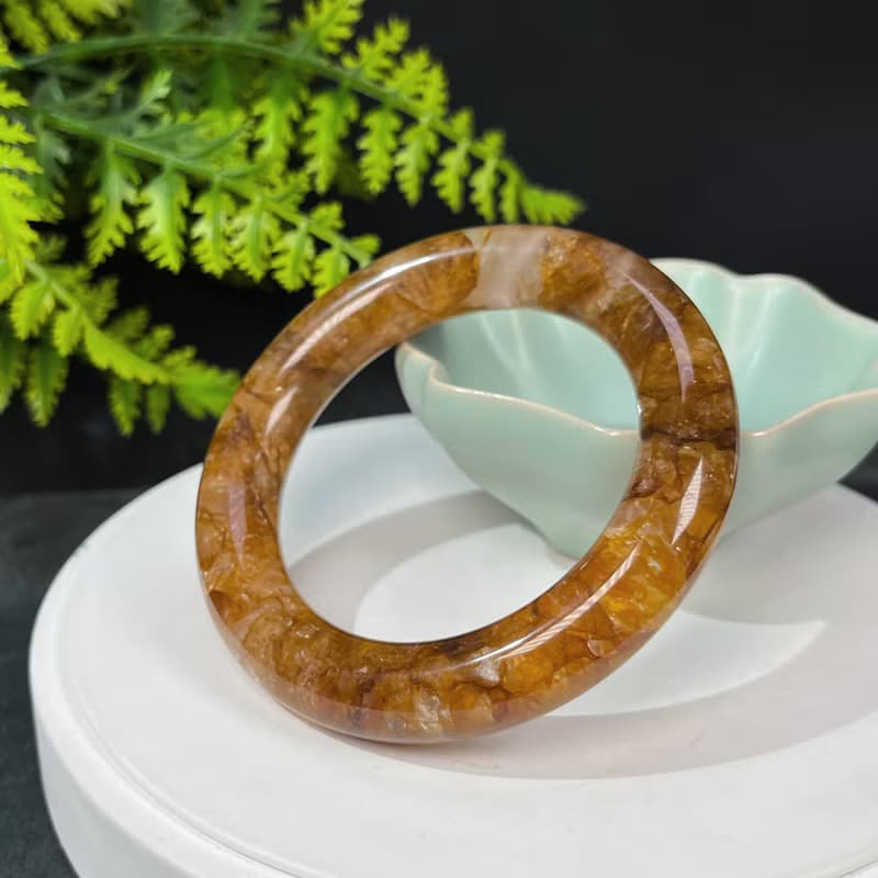黃膠花水晶手鐲56MM 冰透星光彩虹閃片黃焦花水晶手環 幸運相伴