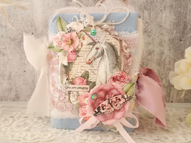 Fairy Unicorn junk journal handmade blank Lace fantazy flowers rainbow notebook