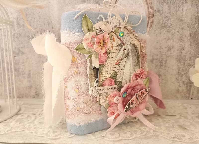 Fairy Unicorn junk journal handmade blank Lace fantazy flowers rainbow notebook