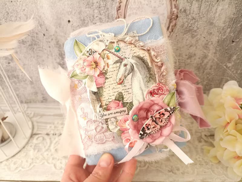 Fairy Unicorn junk journal handmade blank Lace fantazy flowers rainbow notebook