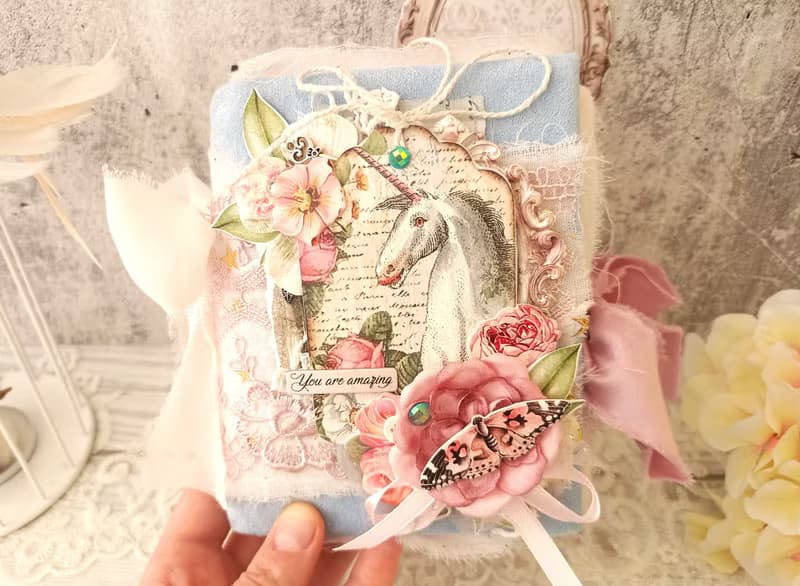 Fairy Unicorn junk journal handmade blank Lace fantazy flowers rainbow notebook