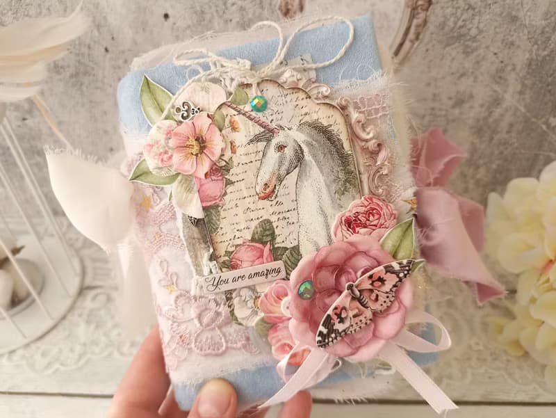 Fairy Unicorn junk journal handmade blank Lace fantazy flowers rainbow notebook