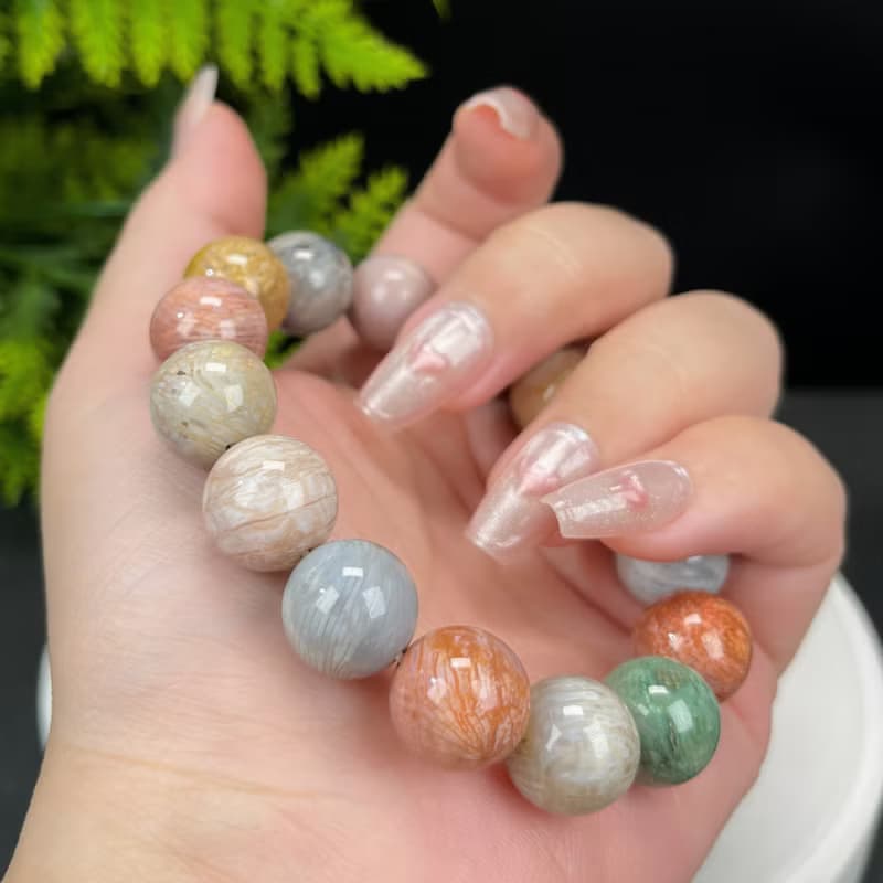 精品天然珊瑚玉手串冰潤高瓷玉化多彩鳳尾紋女手飾安寧平靜13.5mm