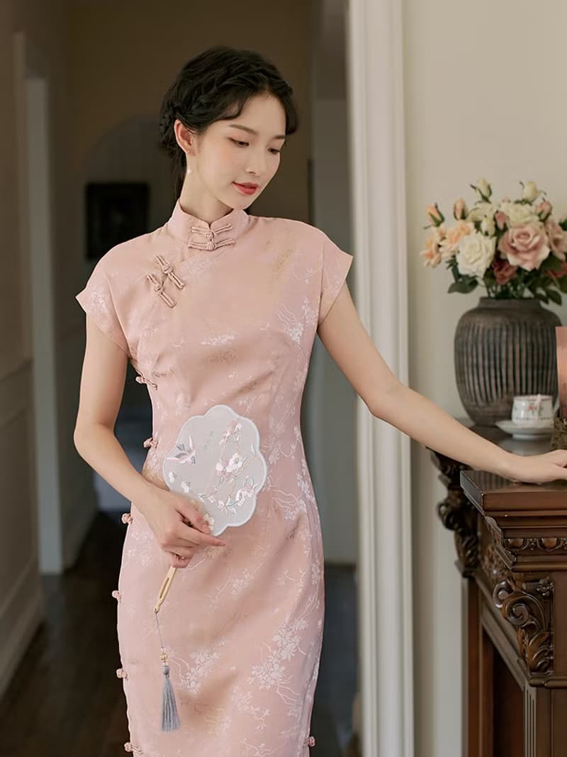桃粉 桃花仙 短袖大家閨秀民國旗袍 復古改良新中式國風洋裝禮服