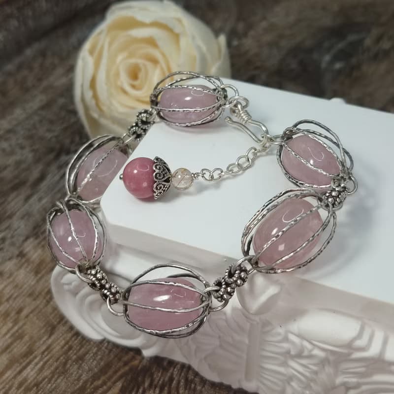 手鍊 天然 粉紅 摩根石 自然形狀 薔薇輝石 紅鈦晶 925銀飾 寶石