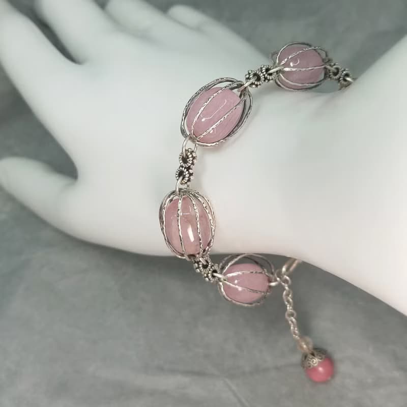 手鍊 天然 粉紅 摩根石 自然形狀 薔薇輝石 紅鈦晶 925銀飾 寶石