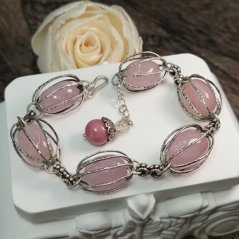 手鍊 天然 粉紅 摩根石 自然形狀 薔薇輝石 紅鈦晶 925銀飾 寶石