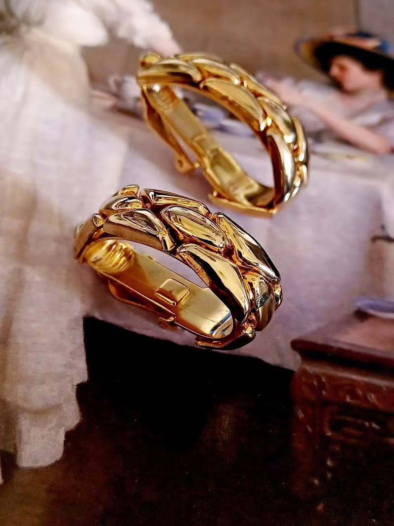 vintage jewelry  古董金色立體格紋夾式耳環