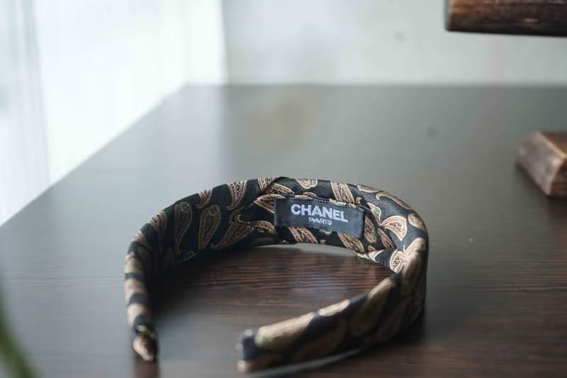 古董領帶改製手工髮箍-CHANEL香奈兒-變形蟲緹花-黑