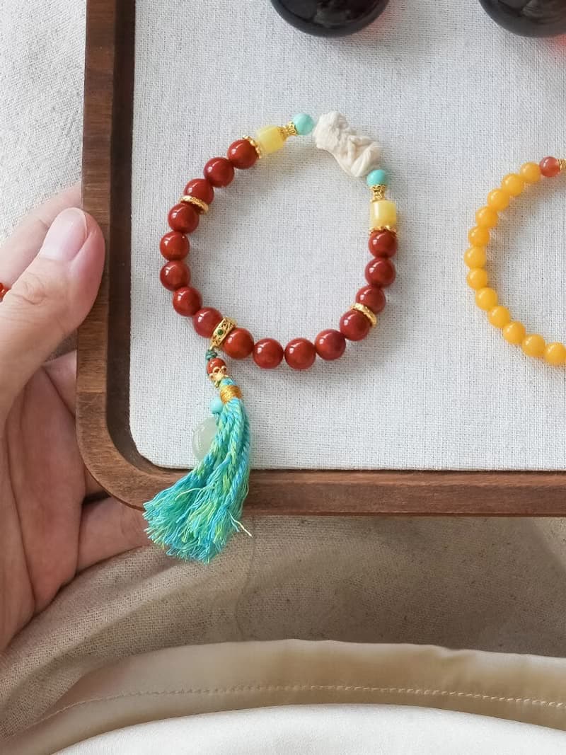 原創手工扎基拉姆猛獁南紅好運手串和田玉龍紋墜流蘇手鏈生日禮物