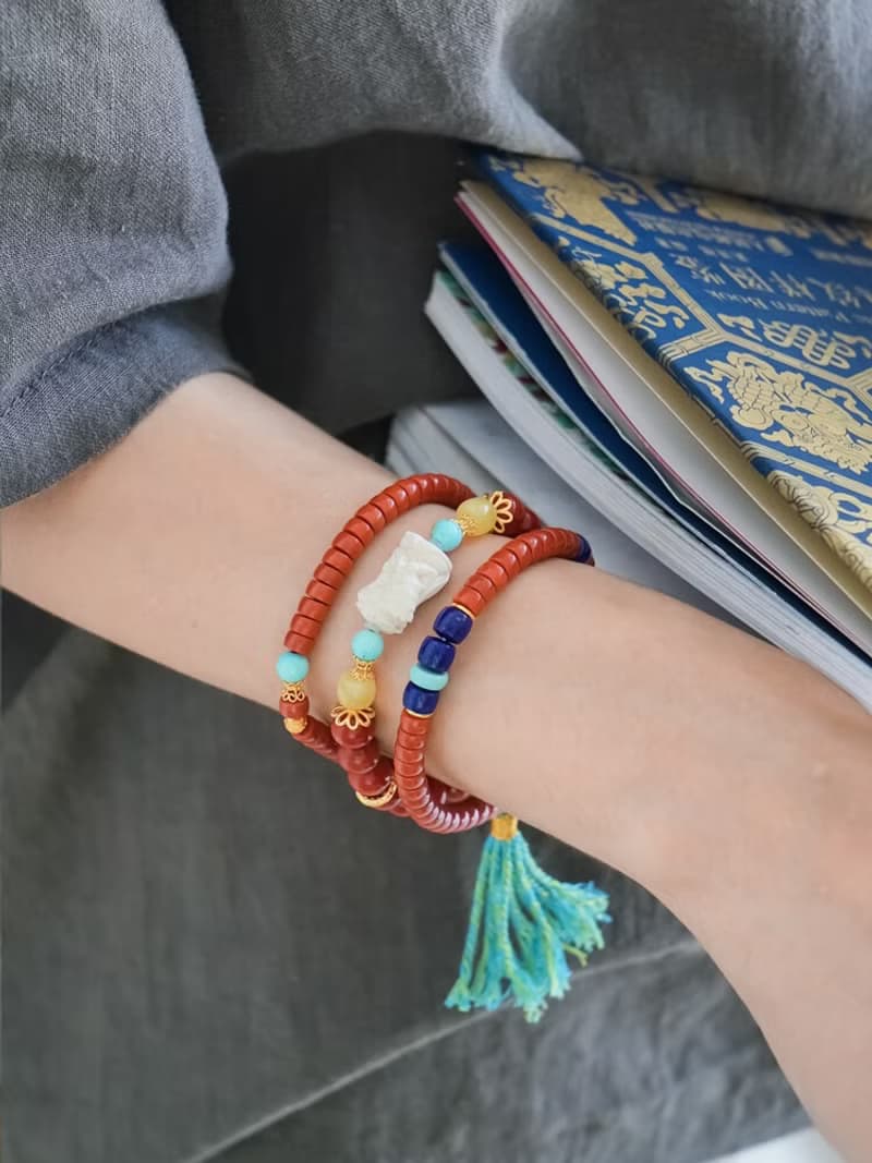 原創手工扎基拉姆猛獁南紅好運手串和田玉龍紋墜流蘇手鏈生日禮物