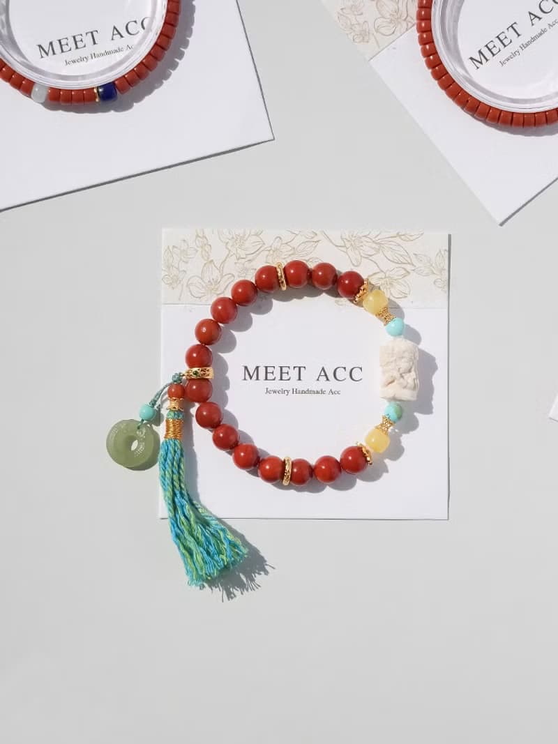 原創手工扎基拉姆猛獁南紅好運手串和田玉龍紋墜流蘇手鏈生日禮物