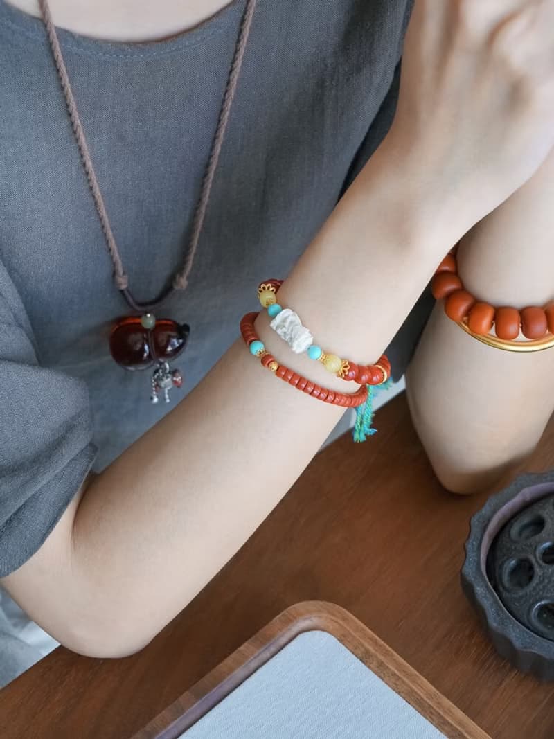 原創手工扎基拉姆猛獁南紅好運手串和田玉龍紋墜流蘇手鏈生日禮物