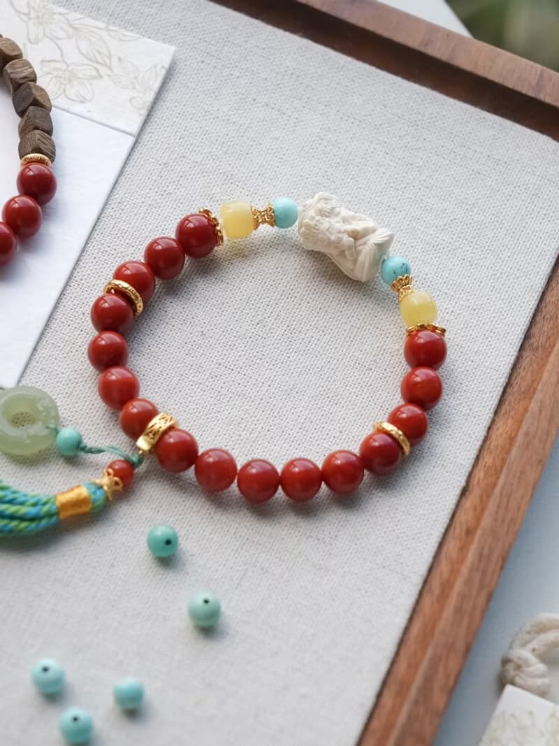 原創手工扎基拉姆猛獁南紅好運手串和田玉龍紋墜流蘇手鏈生日禮物