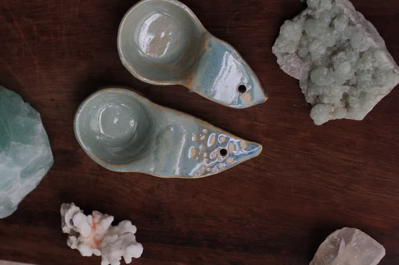 純手捏藍綠色小鳥形象陶瓷湯匙/陶匙(1對)