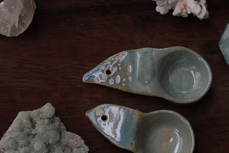 純手捏藍綠色小鳥形象陶瓷湯匙/陶匙(1對)