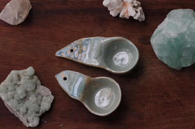 純手捏藍綠色小鳥形象陶瓷湯匙/陶匙(1對)