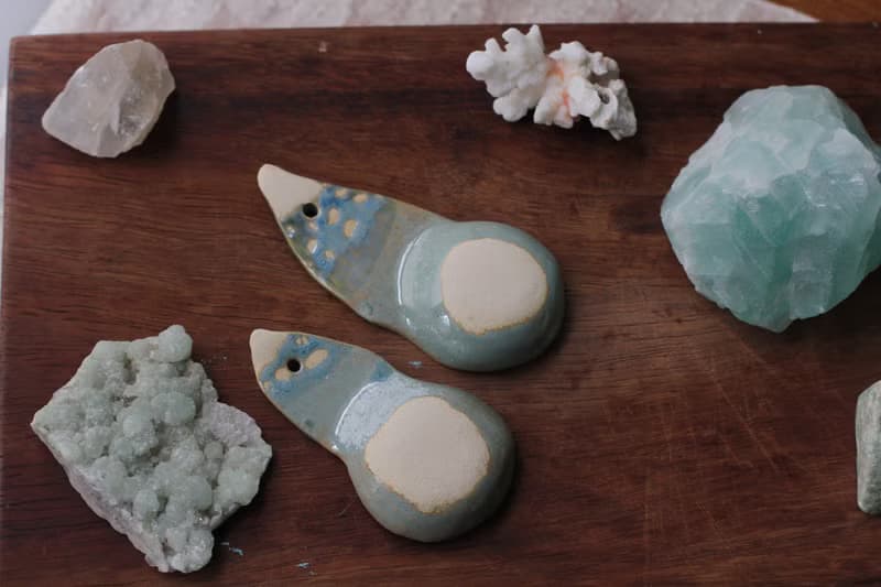 純手捏藍綠色小鳥形象陶瓷湯匙/陶匙(1對)