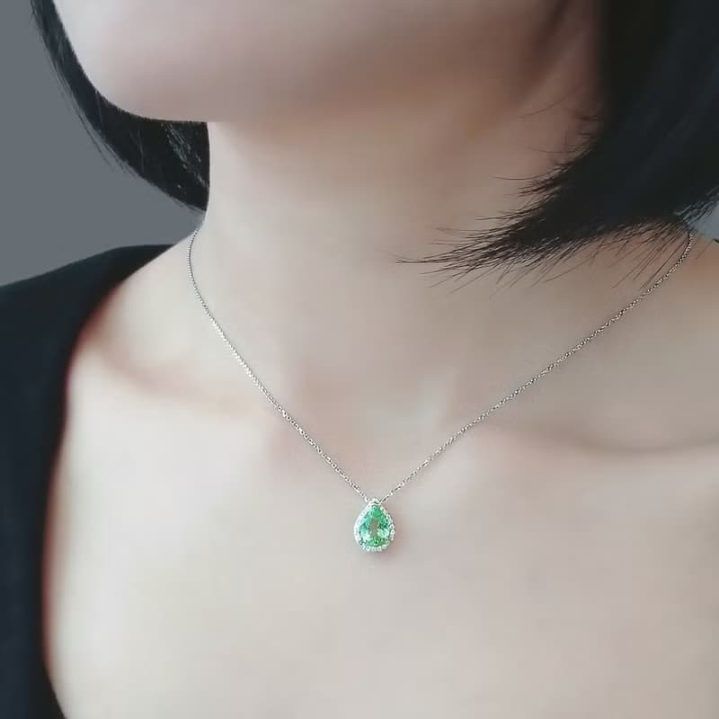 限量現貨 - 巴西帕拉依巴碧璽水滴切割 微鑲鑽石 純 18K 白金項鍊