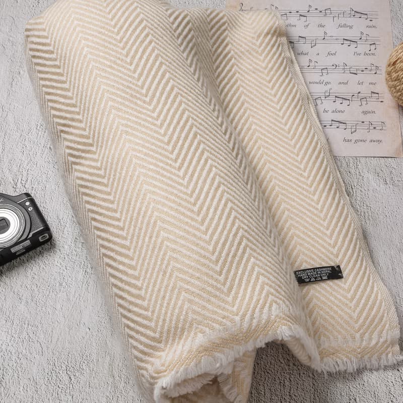 【毯子】喀什米爾羊毛大毯子/披肩 山形紋香檳色 柔軟保暖