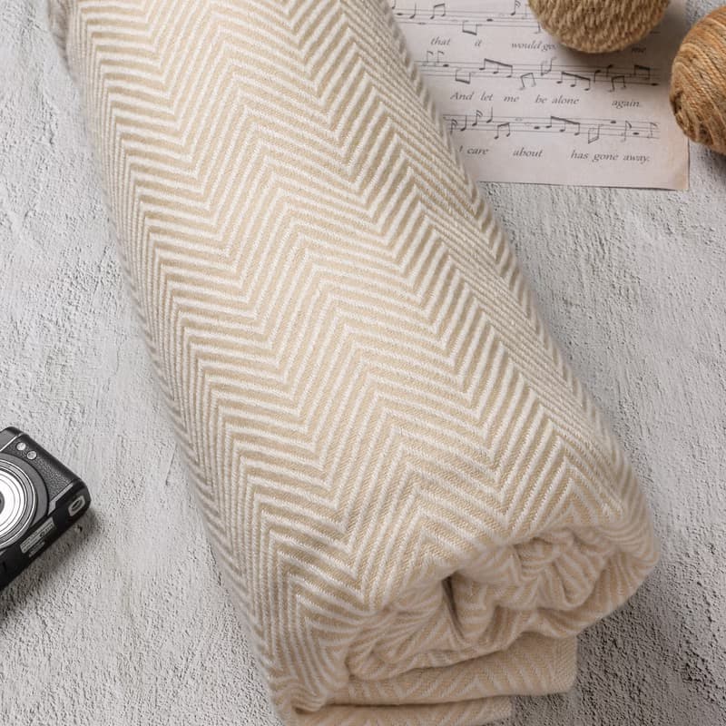 【毯子】喀什米爾羊毛大毯子/披肩 山形紋香檳色 柔軟保暖