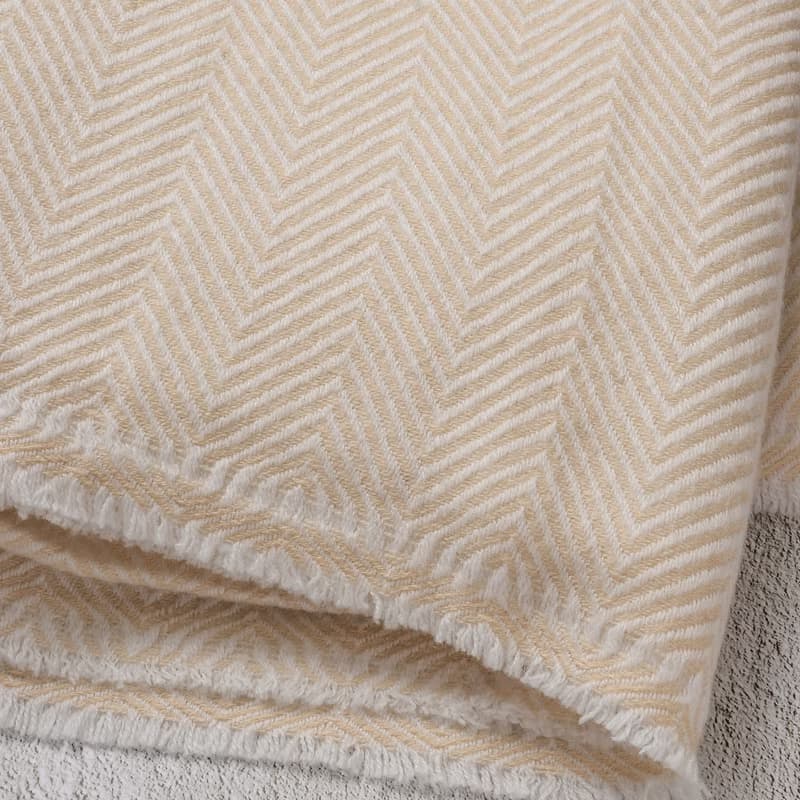 【毯子】喀什米爾羊毛大毯子/披肩 山形紋香檳色 柔軟保暖