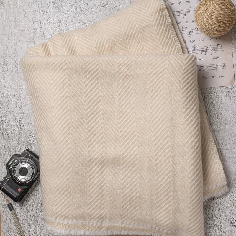 【毯子】喀什米爾羊毛大毯子/披肩 山形紋香檳色 柔軟保暖