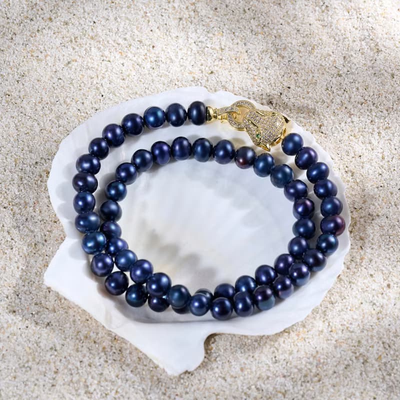 天然深藍色淡水珍珠項鍊 8–9mm 金色豹頭扣 時尚霸氣 情人節禮物
