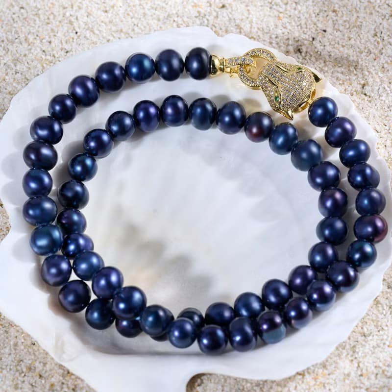 天然深藍色淡水珍珠項鍊 8–9mm 金色豹頭扣 時尚霸氣 情人節禮物