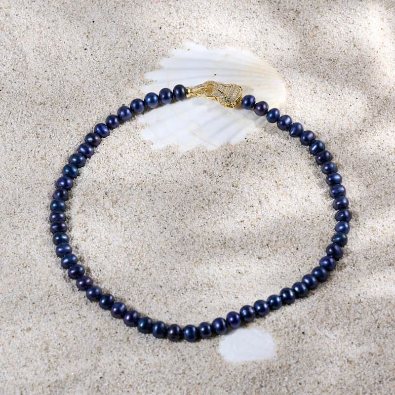 天然深藍色淡水珍珠項鍊 8–9mm 金色豹頭扣 時尚霸氣 情人節禮物