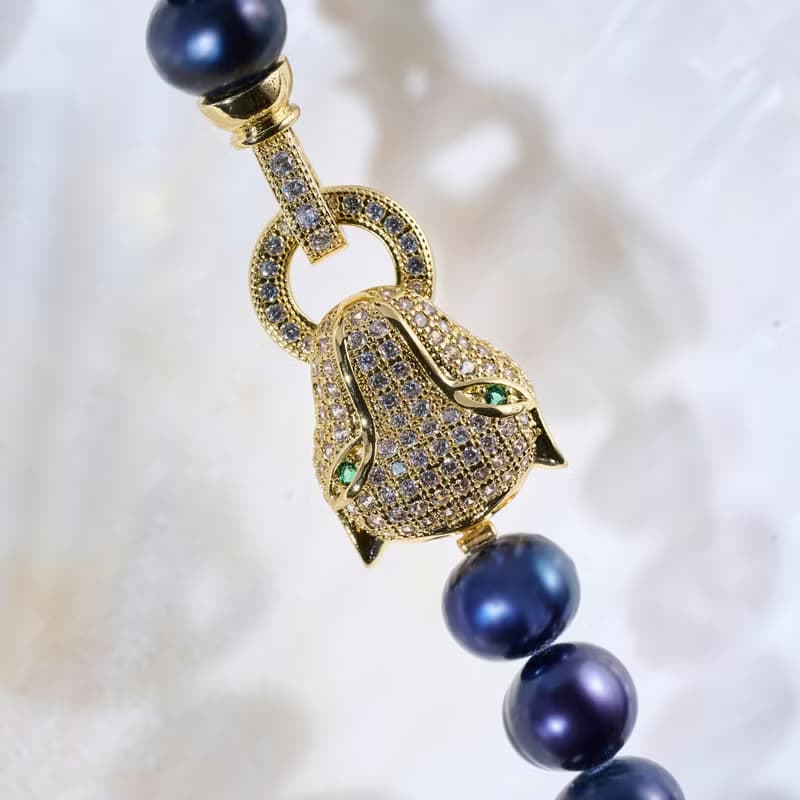 天然深藍色淡水珍珠項鍊 8–9mm 金色豹頭扣 時尚霸氣 情人節禮物