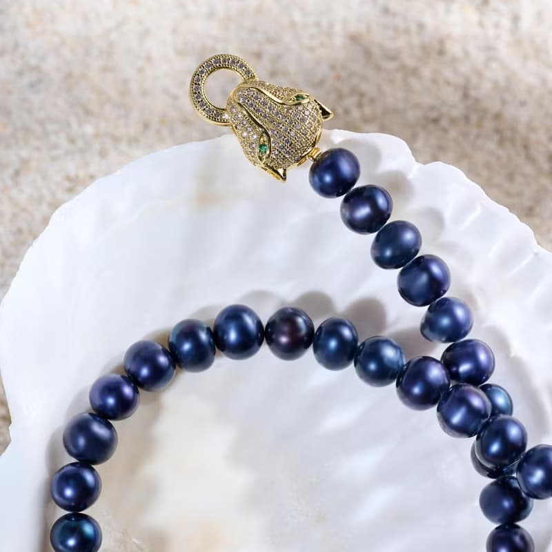 天然深藍色淡水珍珠項鍊 8–9mm 金色豹頭扣 時尚霸氣 情人節禮物