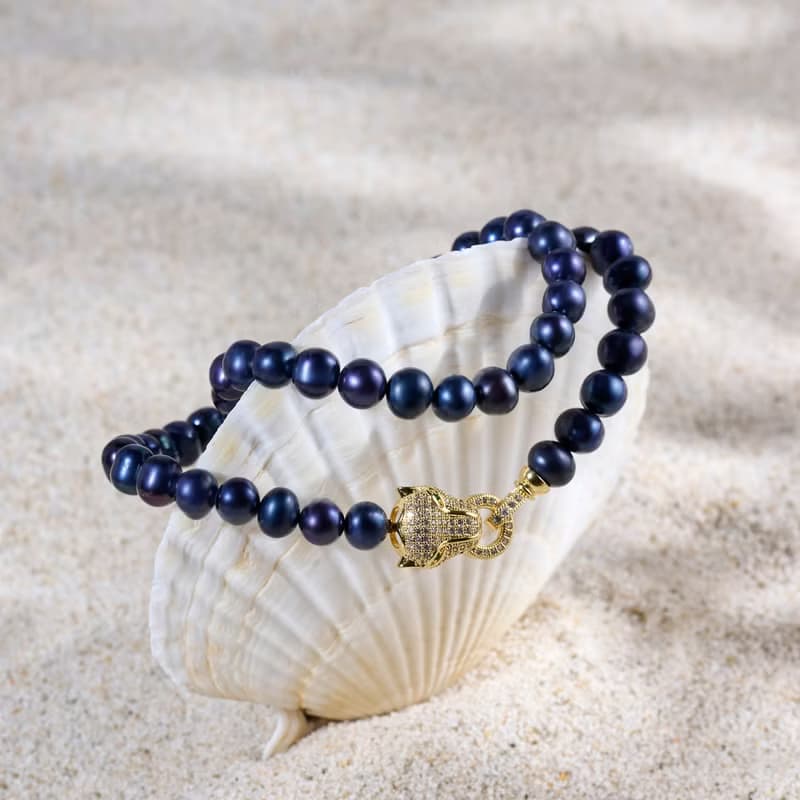 天然深藍色淡水珍珠項鍊 8–9mm 金色豹頭扣 時尚霸氣 情人節禮物