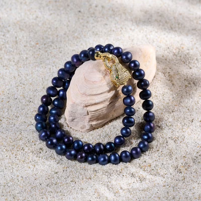 天然深藍色淡水珍珠項鍊 8–9mm 金色豹頭扣 時尚霸氣 情人節禮物