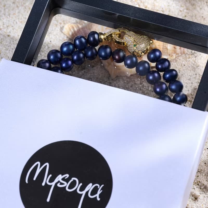 天然深藍色淡水珍珠項鍊 8–9mm 金色豹頭扣 時尚霸氣 情人節禮物