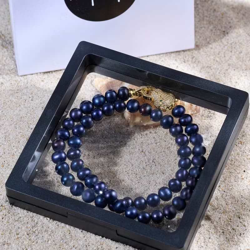 天然深藍色淡水珍珠項鍊 8–9mm 金色豹頭扣 時尚霸氣 情人節禮物
