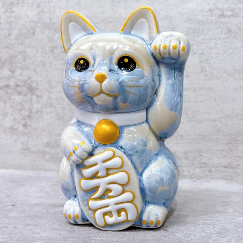 【瑞氣千祥】日本清水燒招財貓 | 花結晶 銀藤 億万両 右